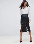 Asos Leather Look Pencil Skirt With Lace Hem Detail - Black