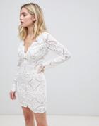 Love Triangle V Neck Mini Dress In All Over Lace-cream