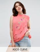 Asos Curve Sleeveless Top With Assymetric Ruffle & Embroidery - Pink