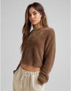 Bershka Crew Neck Fluffy Sweater In Chocolate-brown