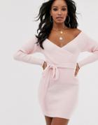 Asos Design Wrap Front Bardot Mini Dress With Belt-pink