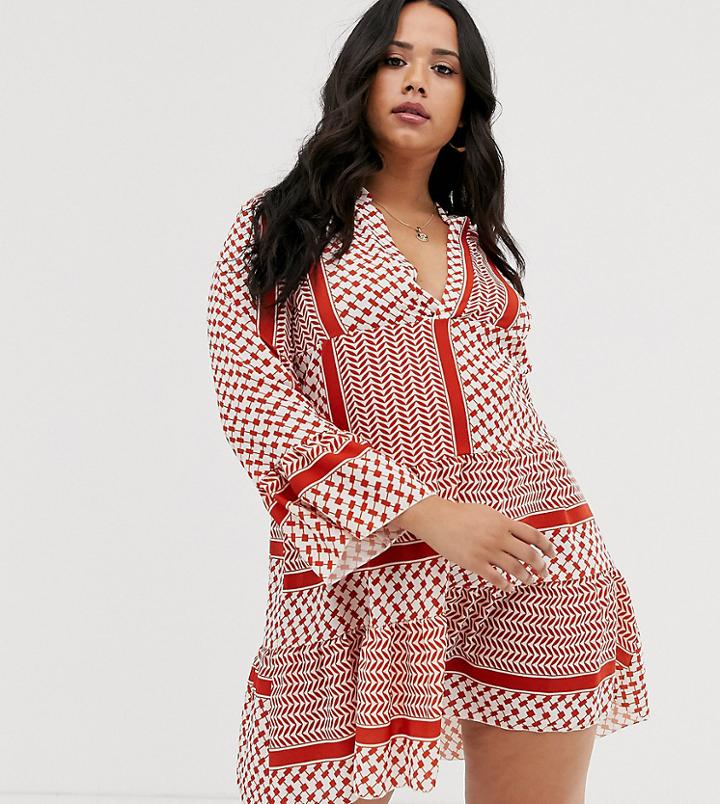 Boohoo Plus Smock Dress In Mixed Red Print - Multi