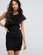 Miss Selfridge One Shoulder Mesh Frill Mini Dress - Black