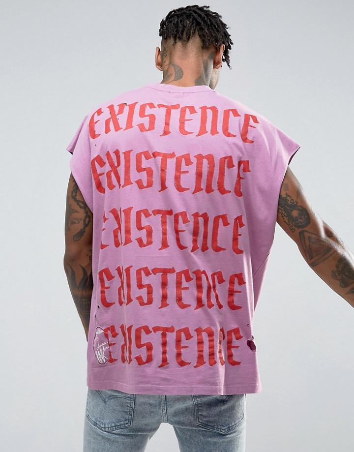 Asos Super Oversized Sleeveless T-shirt With Back Print And Rip And Repair - Purple