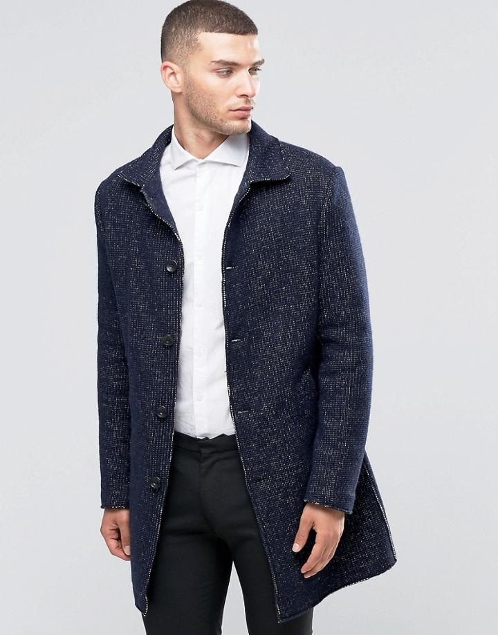 Sisley Overcoat In Contrast Stitch - Navy