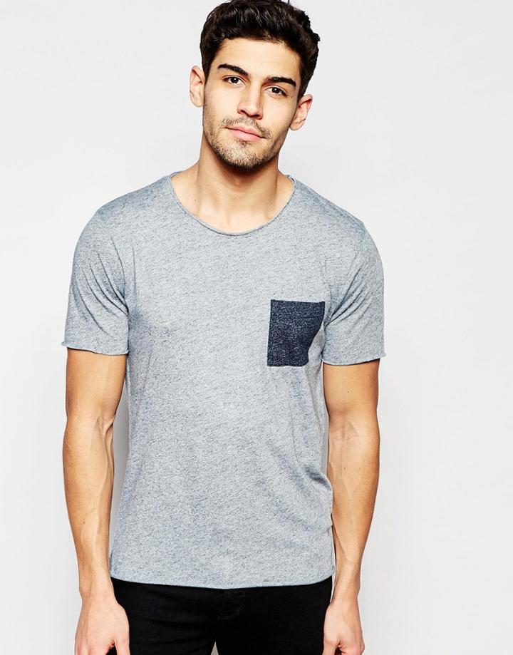 Selected Homme T-shirt With Contrast Pocket - Gray