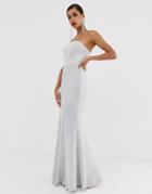 Bariano Strapless Fishtail Gown With Detachable Skirt Detail In Silver Glitter