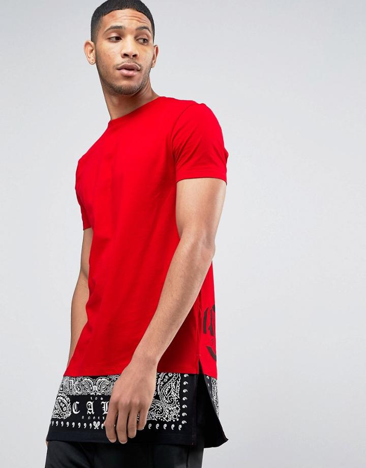 Asos Super Longline T-shirt With Cali Back Print And Bandana Hem Exten