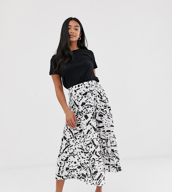 Asos Design Petite Pleated Midi Skirt In Mono Abstract Print-multi