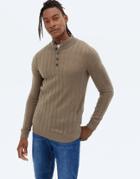 New Look Rib Funnel Neck Sweater With Button Detail In Brown