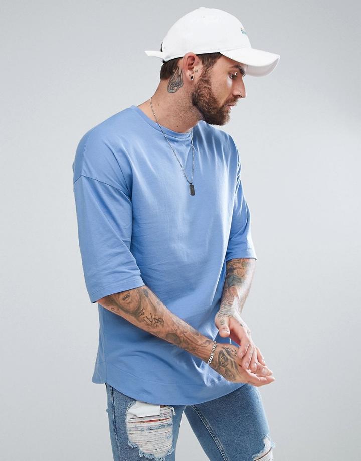 Asos Oversized T-shirt With Curved Hem In Blue - Blue