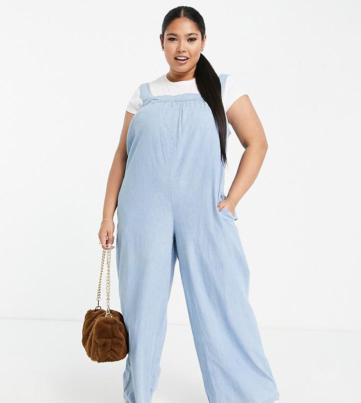 Asos Design Curve Soft Denim Smock Jumpsuit In Light Wash-blue