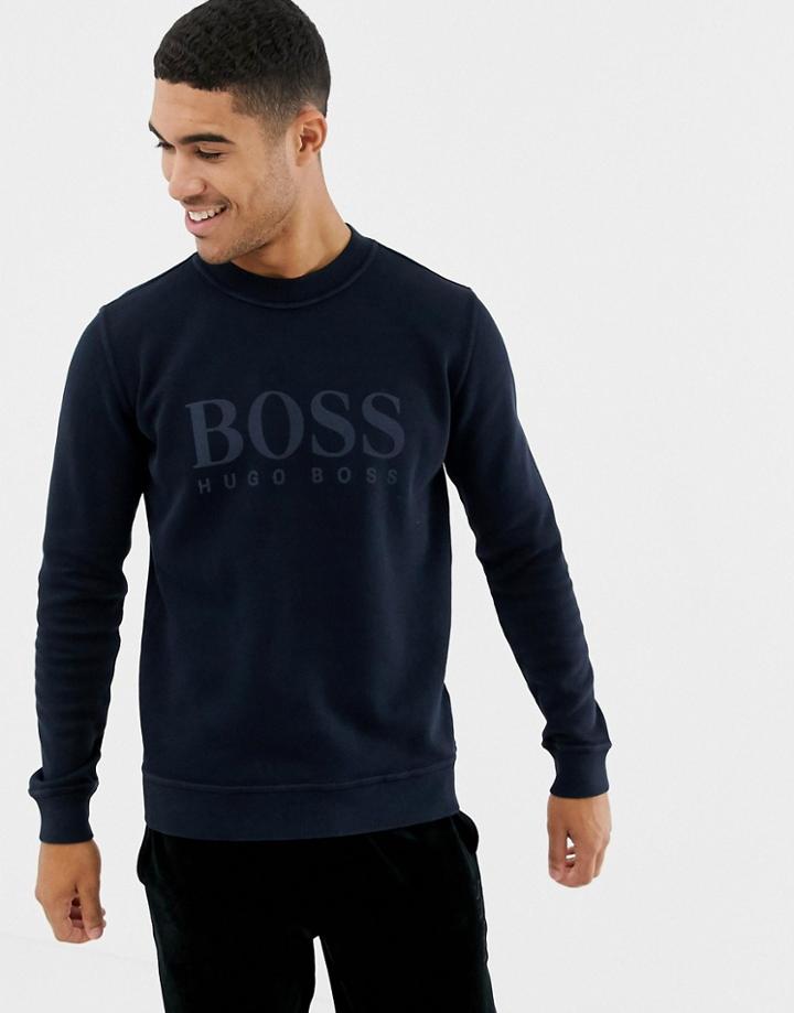 Boss Weave Large Logo Crew Neck Sweat In Navy - Navy