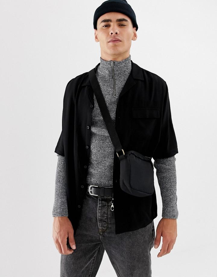 Collusion Short Sleeve Shirt With Revere Collar In Black - Black