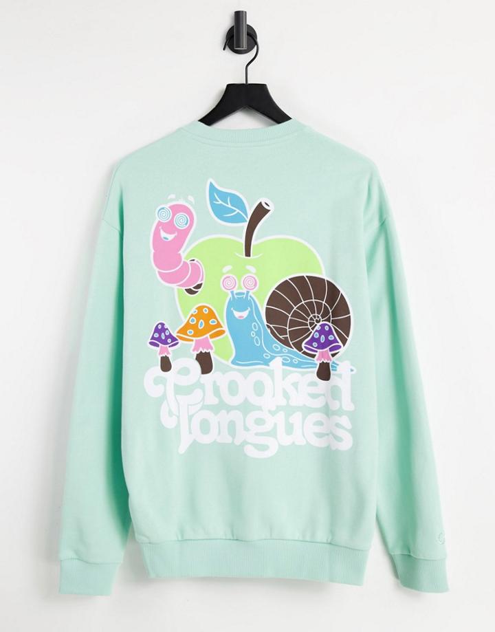 Crooked Tongues Sweatshirt With Apple Back Print In Light Blue-green