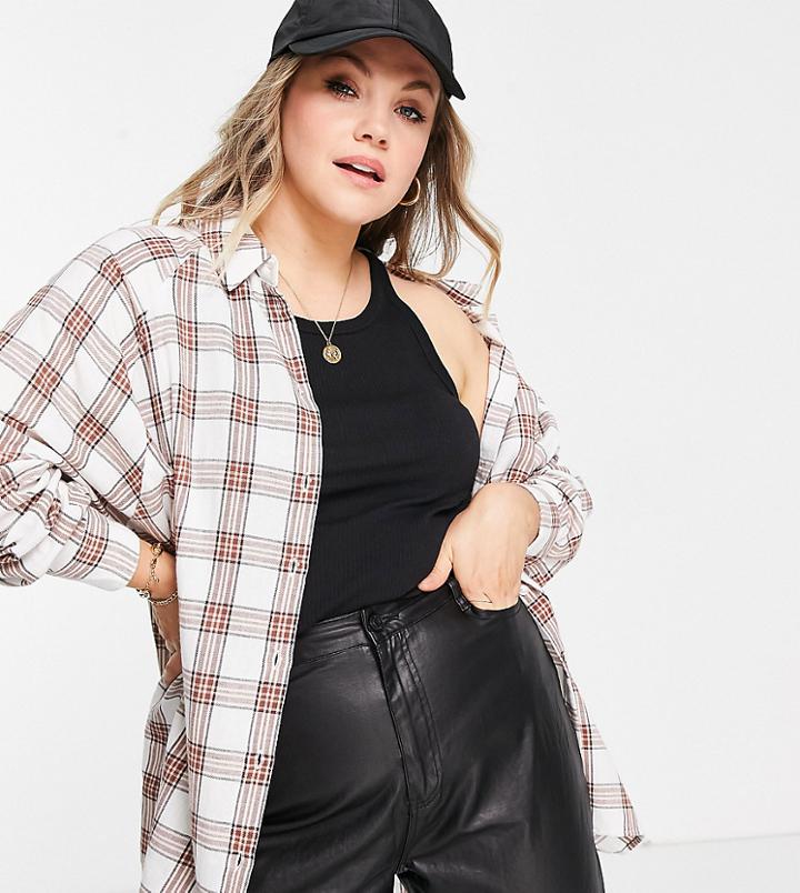 Asos Design Curve Long Sleeve Checkered Shirt In Ivory And Tan-multi
