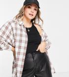 Asos Design Curve Long Sleeve Checkered Shirt In Ivory And Tan-multi