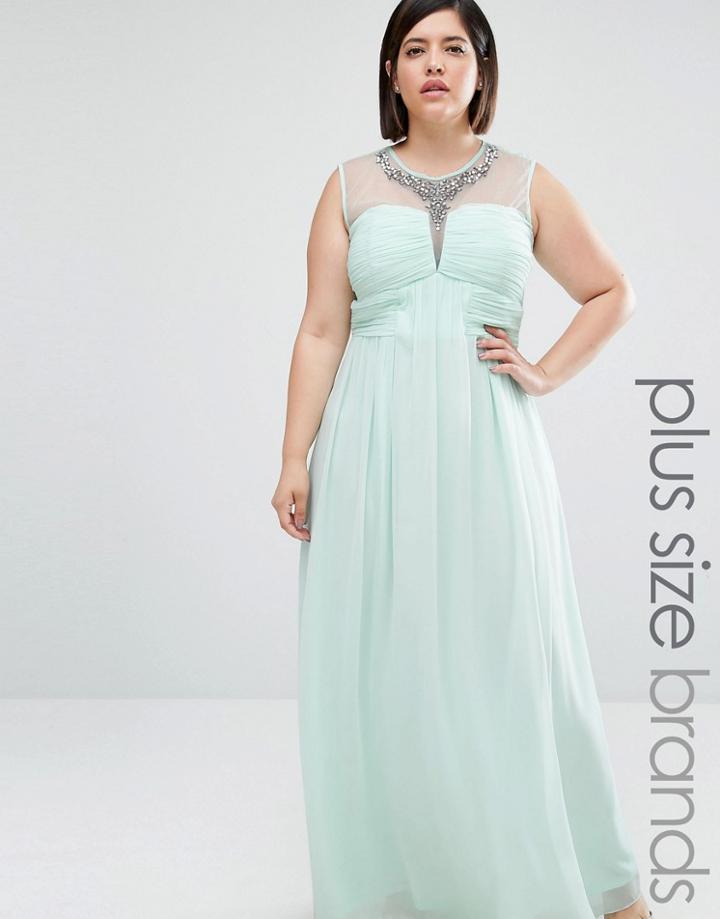 Little Mistress Plus Drape Front Maxi Dress With Embellishment - Green