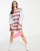Asos Design Oversized Long Sleeve T-shirt Dress In Dark Gray And Pink Stripe-multi
