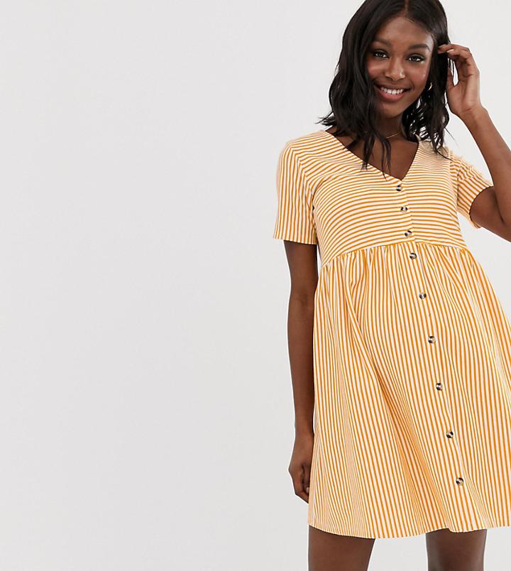 Asos Design Maternity Mini V Neck Button Through Smock Dress In Stripe - White