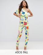 Asos Tall One Shoulder Ruffle Jumpsuit In Floral Print - Multi