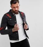 Liquor N Poker Denim Jacket With Rose Embroidery - Black