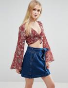 First & I Printed Top With Flared Sleeves - Red