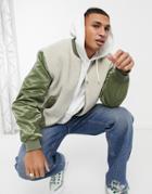 Asos Design Borg Bomber Jacket In Ecru With Contrast Khaki Sleeves-green