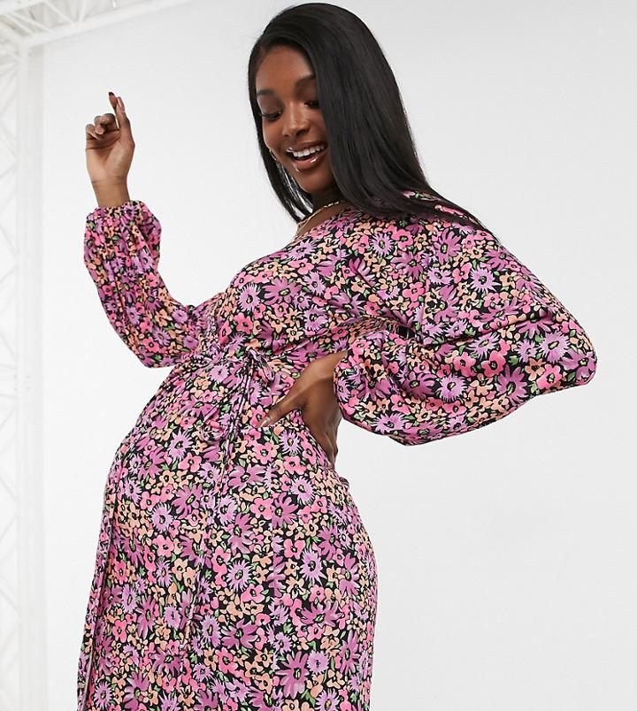 Asos Design Maternity Long Sleeve Wrap Midi Dress In Pink Floral Print