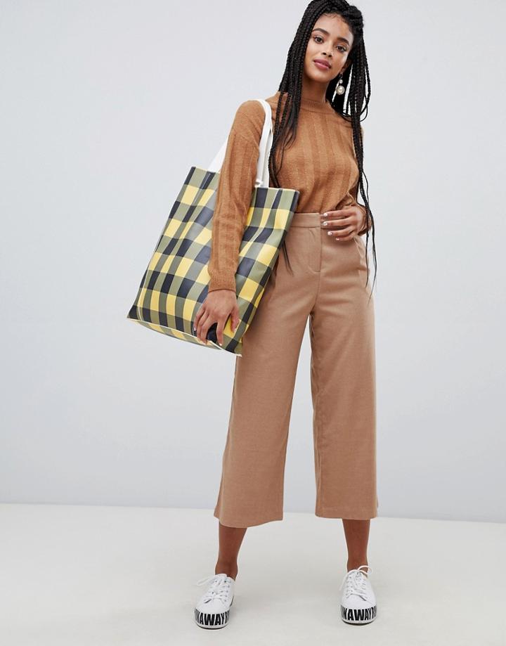 Monki Textured Wide Leg Cropped Pants In Beige - Beige