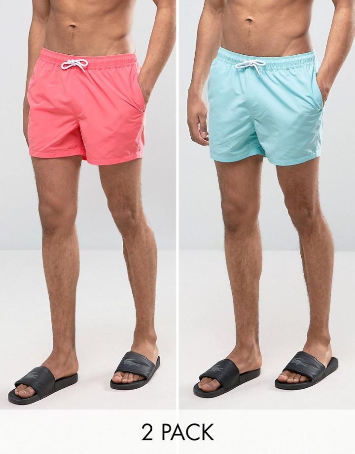 Asos Swim Shorts 2 Pack In Blue & Pink Short Length Save - Multi