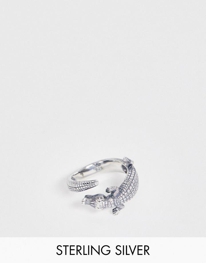 Asos Design Sterling Silver Ring With Crocodile Design - Silver