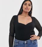 Asos Design Curve Sweetheart Neck Top With Mesh Sleeve-black