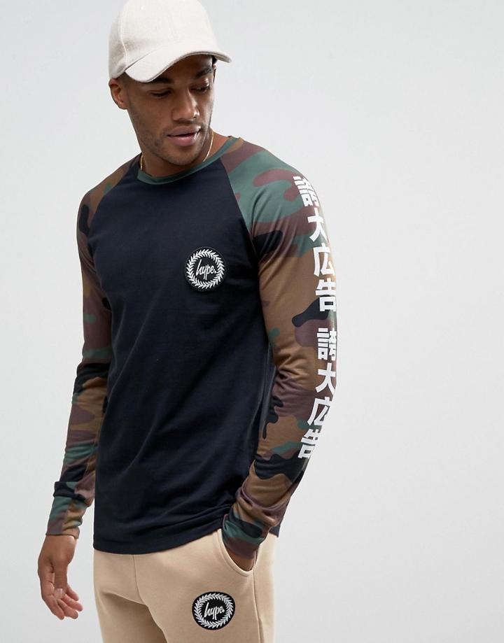Hype Long Sleeve T-shirt With Camo Sleeves And Japanese Text - Black