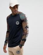 Hype Long Sleeve T-shirt With Camo Sleeves And Japanese Text - Black