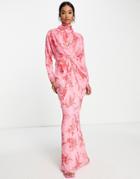 Asos Design Drape Neck Maxi Dress In Red Floral Print-multi