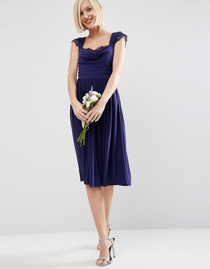 Asos Wedding Lace Insert Cowl Midi Dress - Navy