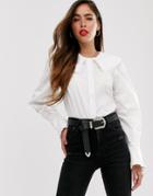 Asos Design Long Sleeve Shirt With Ruffle Collar In Cotton-white