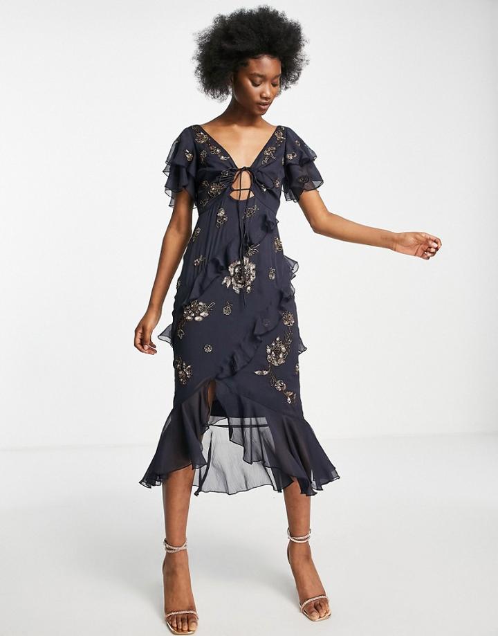 Asos Design Ruffle Detail Short Sleeve Embellished Midi Dress In Navy