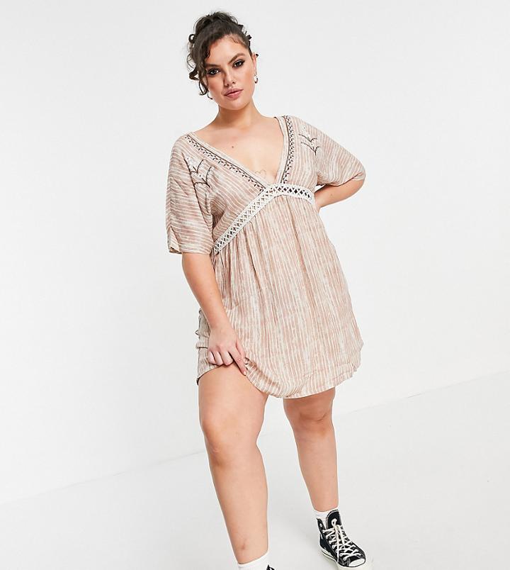 En Cr Me Plus V Neck Smock Dress With Ladder Detail In Stripe-multi