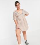 En Cr Me Plus V Neck Smock Dress With Ladder Detail In Stripe-multi