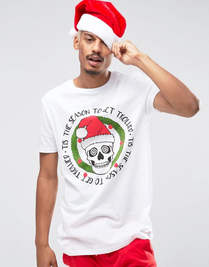 Asos Holidays Longline T-shirt With Trollied Skull Print - White