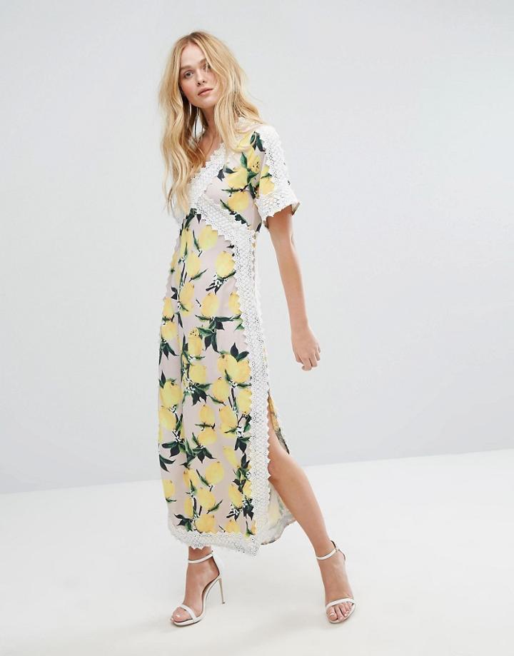Aeryne All Over Printed Maxi Dress With Lace Panels And Side Splits - Multi