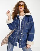 Topshop Carpenter Sherpa Recycled Cotton Blend Denim Jacket In Indigo-blues