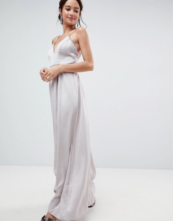 Asos Embellished Trim Deep Plunge Cami Maxi Dress-gray