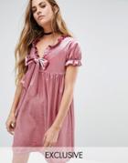 Reclaimed Vintage Velvet Smock Dress With Bow And Ruffle Detail - Pink