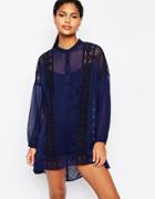 Moon River Lace Trimmed Smock Dress With Balloon Sleeves - Navy