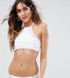 South Beach Mix & Match Pom Pom Trim Halter Bikini Top-white