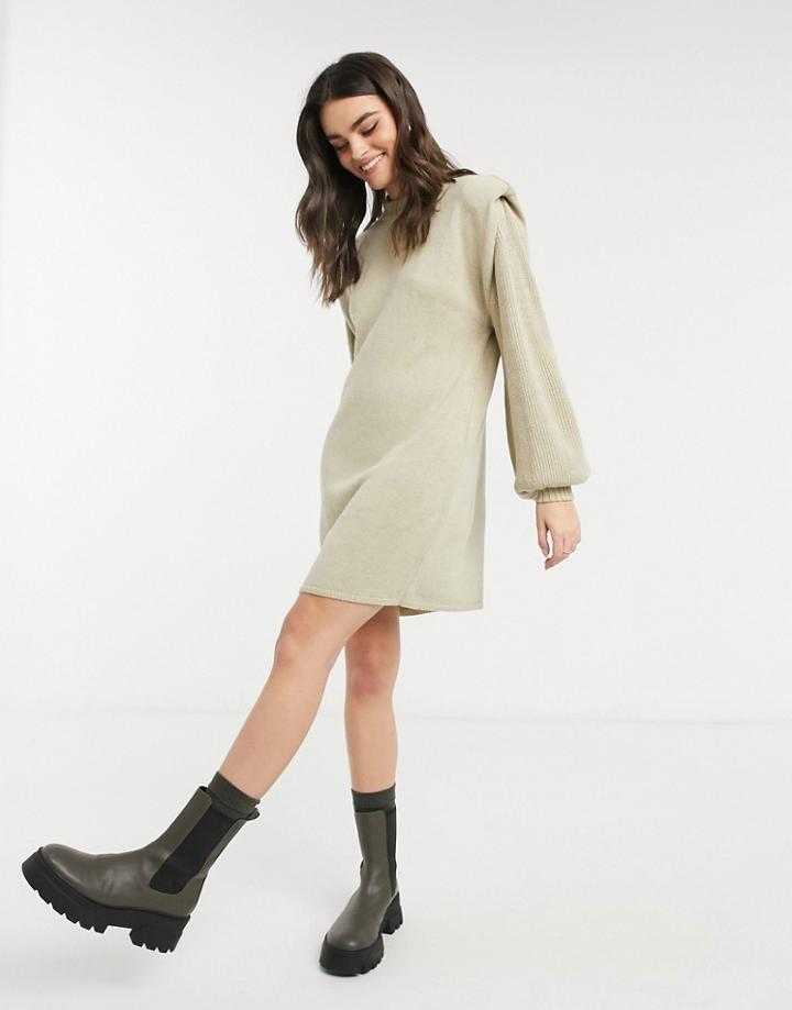 Asos Design Mini Dress With Structured Shoulder In Oatmeal-neutral