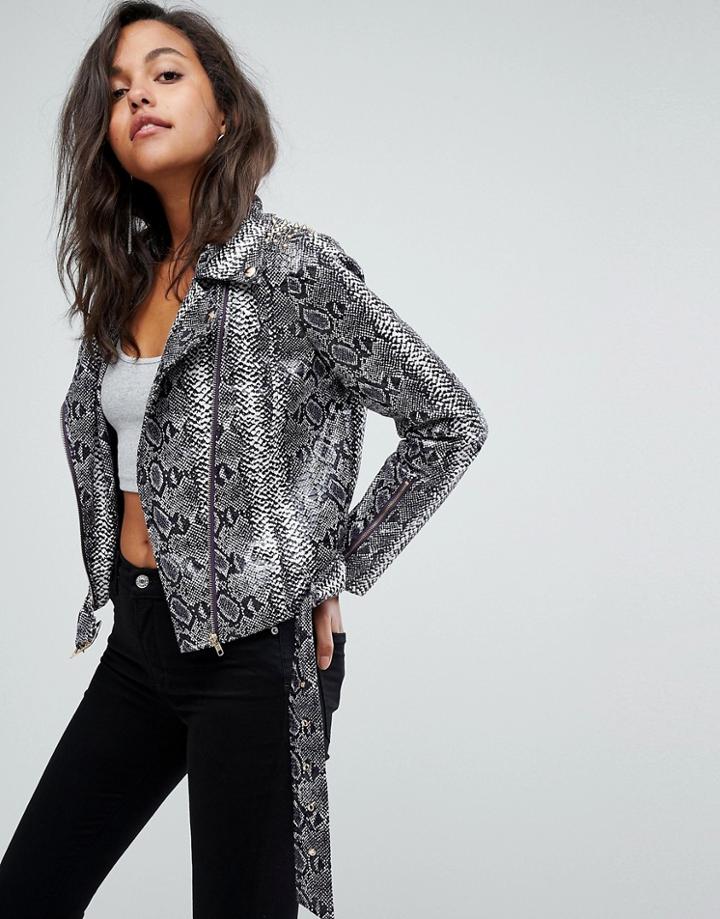 Prettylittlething Snake Print Stud Detail Jacket - Purple